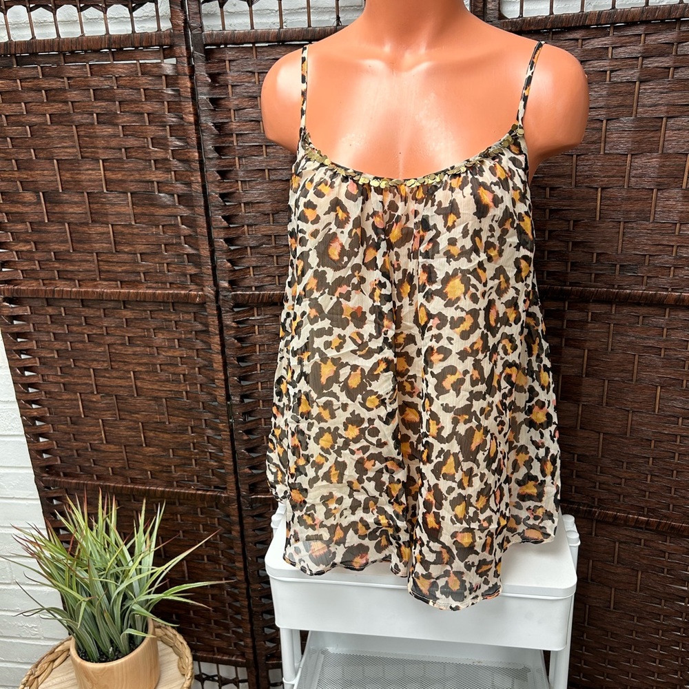 A.n.a Leopard Print spaghetti strap sequin flowy top babydoll top dressy shirt